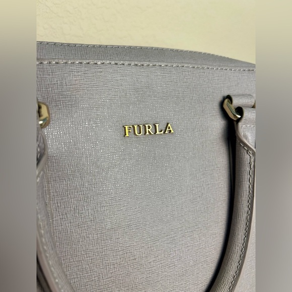Furla Elena Satchel Hand Carry Bag Gray Saffiano Leather Shoulder Strap EUC - Picture 3 of 13